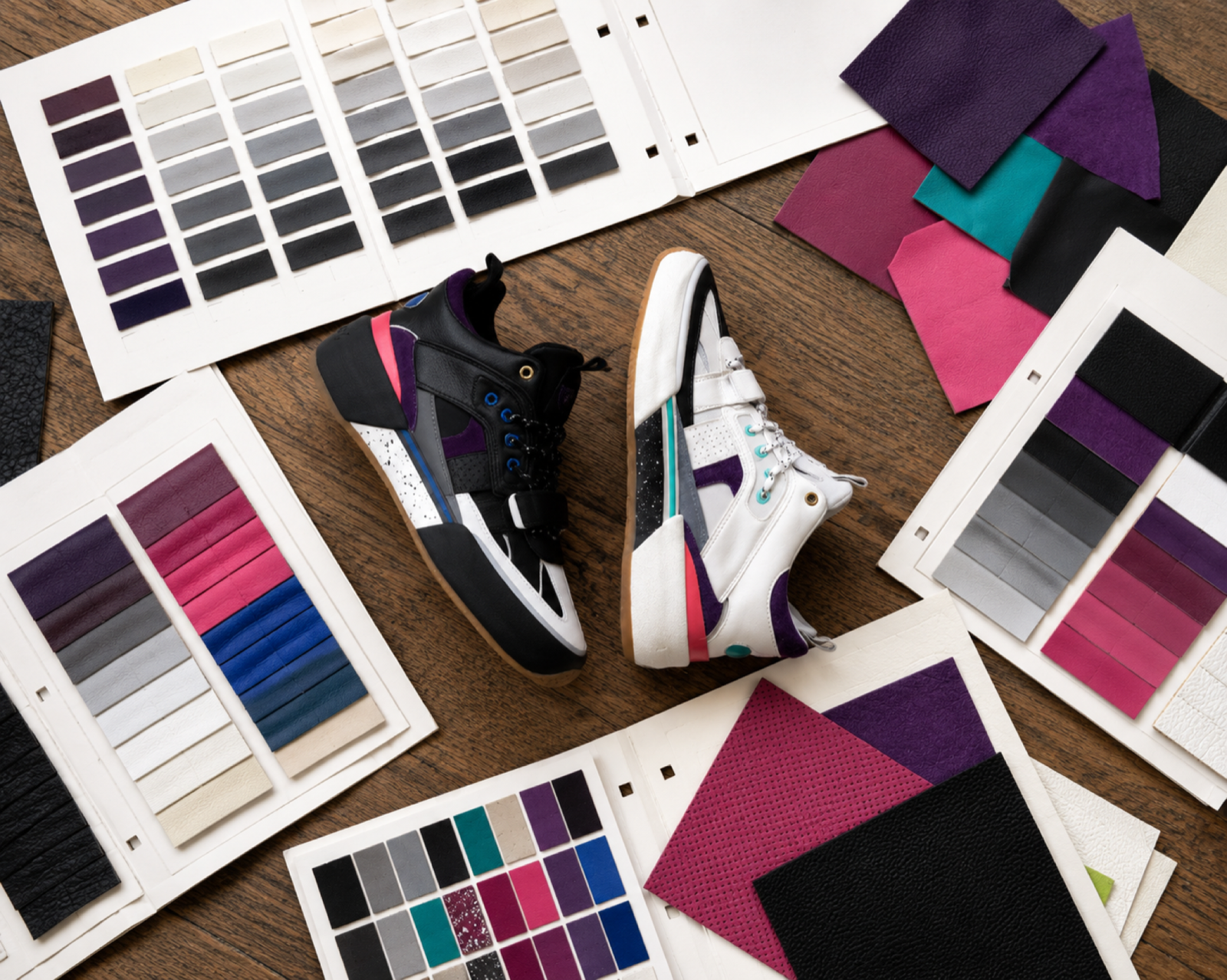 Footwear brand architecture color and material system with shoe samples